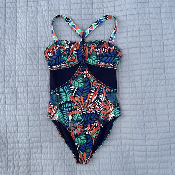 Athleta Hanalei One Piece Swimsuit Multi Color Tropical Mesh Panels Size 32 B/C - Picture 2 of 5